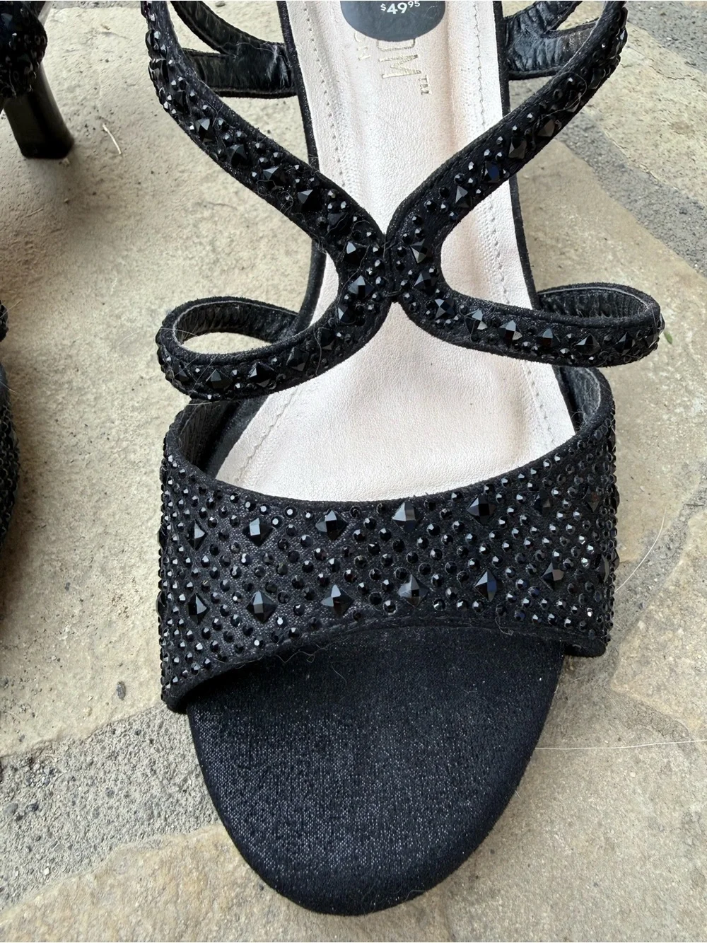 De Blossom Collection Black Rhinestone Evening Heels Sandals Size 7 NWOT